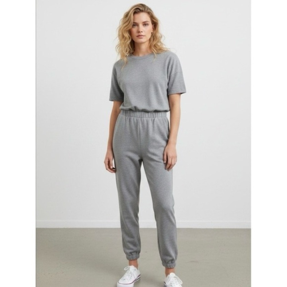 Nichole Lynel Short Sleeve Peephole Back Grey Sweatshirt Jumpsuit